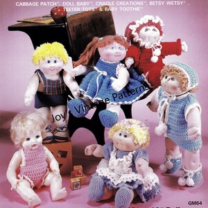 May include: A vintage crochet pattern for Cabbage Patch Kids dolls. The pattern includes instructions for making a variety of outfits, including a dress, a jumpsuit, a sweater, and a hat. The pattern is for dolls that are 15 to 18 inches tall.
