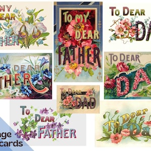 8 tarjetas imprimibles vintage para el Día del Padre, postales de centavos, años 50 y 60, surtido de PPC, descarga digital, Feliz Día del Padre de parte de hija, hijo y papá.