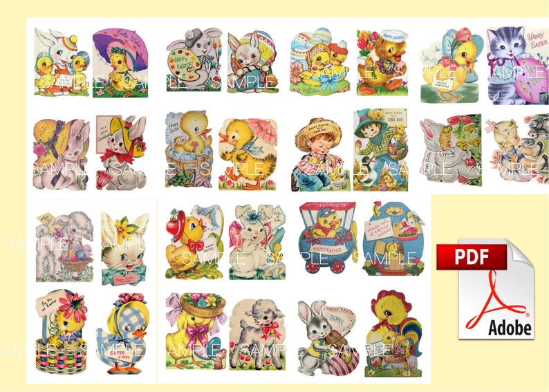 56 cartes de Pâques imprimables vintage en téléchargement numérique des années 1950 rétro des années 1960 assortiment Whitman Americard enfants garçons filles poussins lapins image 3