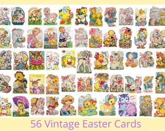 56 cartes de Pâques imprimables vintage en téléchargement numérique des années 1950 rétro des années 1960 assortiment Whitman Americard enfants garçons filles poussins lapins