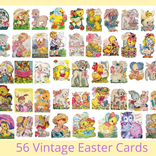 56 Vintage Printable EASTER Cards Digital Download 1950’s Retro 1960’s Assortment Whitman Americard Children’s Boys Girls Chicks Bunnies