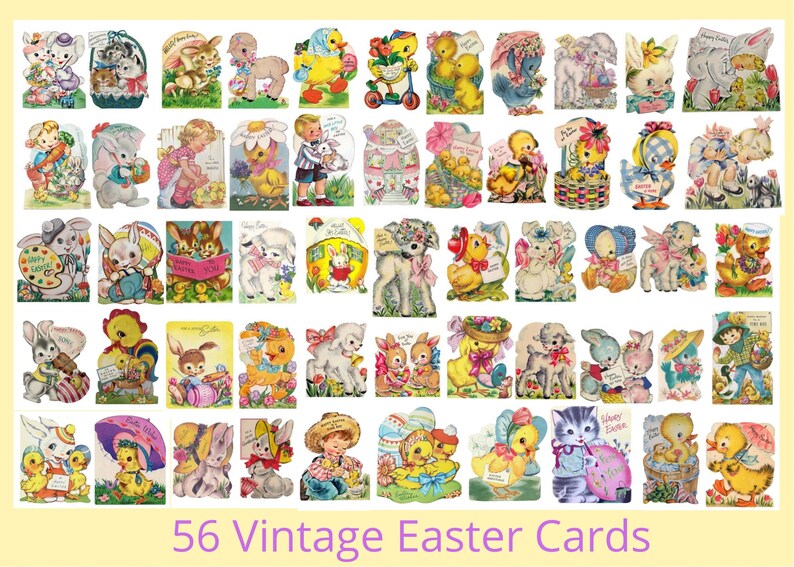 56 cartes de Pâques imprimables vintage en téléchargement numérique des années 1950 rétro des années 1960 assortiment Whitman Americard enfants garçons filles poussins lapins image 1