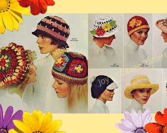 9 Vintage Sun Hat Crochet Patterns Hi Straw Hats Instant Digital Download Brimmed Beach Cap Quick Easy Crochet Project Retro BOHO 1960’s