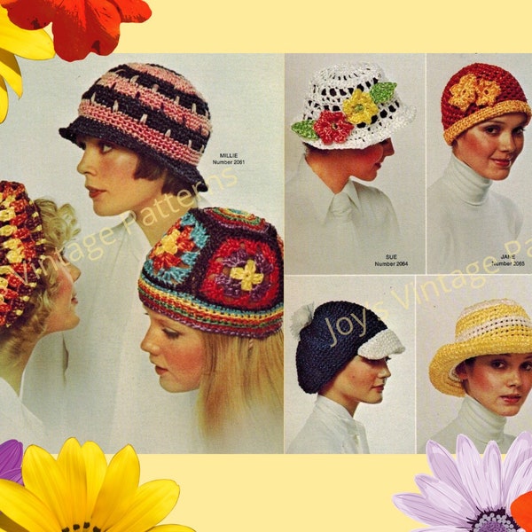 9 Vintage Sun Hat Crochet Patterns Hi Straw Hats Instant Digital Download Brimmed Beach Cap Quick Easy Crochet Project Retro BOHO 1960’s