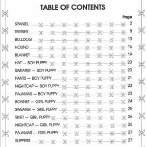 K&ouml;nnte beinhalten: Eine gedruckte Seite mit einem Inhaltsverzeichnis, betitelt "TABLE OF CONTENTS". Es listet Hunderassen und Welpenkleidung mit den entsprechenden Seitenzahlen auf. Der Text ist in schwarzer Schrift.