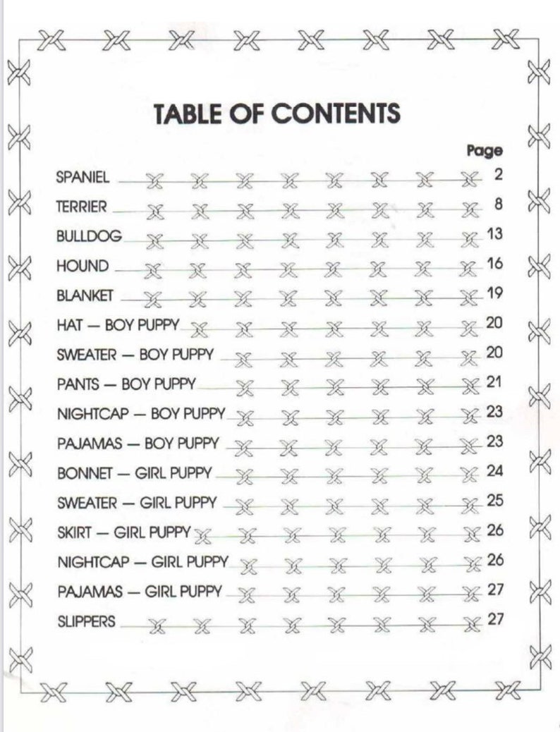 K&ouml;nnte beinhalten: Eine gedruckte Seite mit einem Inhaltsverzeichnis, betitelt "TABLE OF CONTENTS". Es listet Hunderassen und Welpenkleidung mit den entsprechenden Seitenzahlen auf. Der Text ist in schwarzer Schrift.