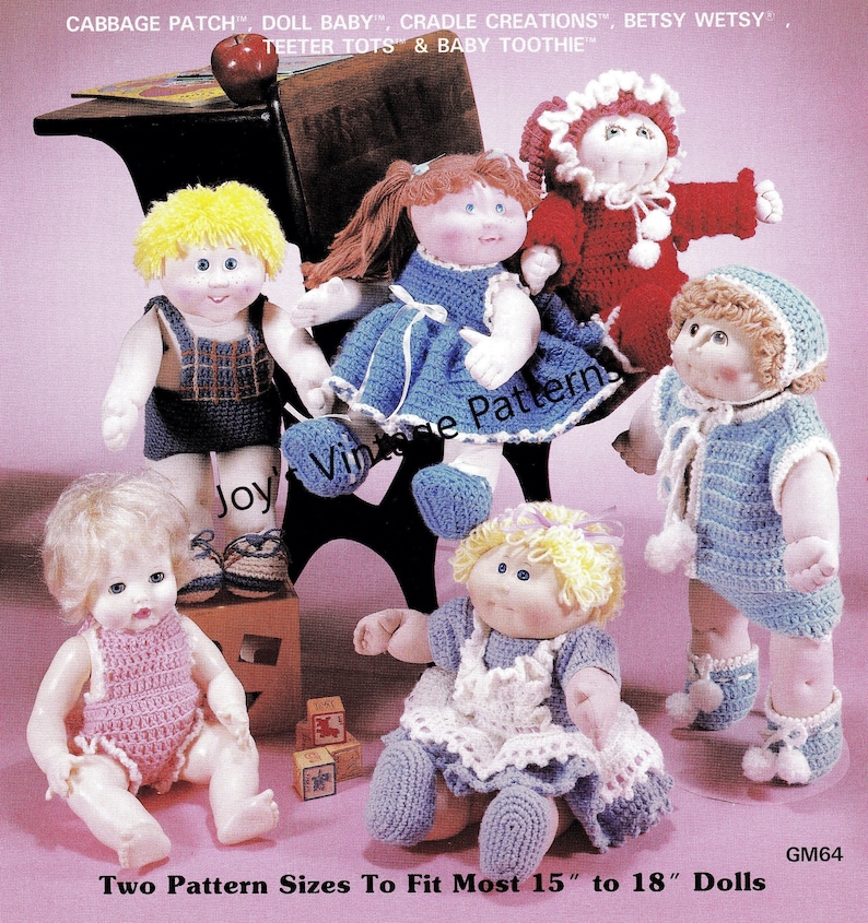 May include: A vintage crochet pattern for Cabbage Patch Kids dolls. The pattern includes instructions for making a variety of outfits, including a dress, a jumpsuit, a sweater, and a hat. The pattern is for dolls that are 15 to 18 inches tall.