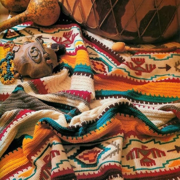Belle couverture indienne vintage au crochet, téléchargement numérique instantané au format PDF, motif navajo du sud-ouest, poids peigné afghan