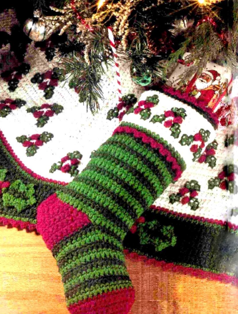 Vintage Crochet Patterns Christmas Tree Skirt, Christmas Stocking, Holly Berry Napkin Rings, Instant Digital Download PDF