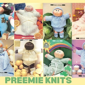 May include: A collection of eight knitting patterns for preemie baby clothes. The patterns feature various designs, including a blue knitted outfit with a teddy bear, a white knitted outfit with a hood, a blue knitted outfit with a hood, a pink knitted outfit with a lace trim, a blue knitted outfit with a hood, a white knitted outfit with a hood, a green knitted outfit with a hood, and a blue knitted outfit with a hood. The patterns are titled "I Love My Baby", "Bye-Bye Baby", "Baby's Arrived", "Bringing My Baby Home", "My Blue Heaven", "Le Petite Chapeau", "Lullaby", and "Pretty Baby".