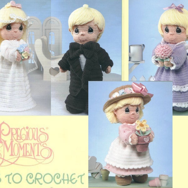 Vintage Crochet Patterns Precious Doll 18”/ 4 Outfits Boy & Girl Doll Clothes Instant Digital Download PDF Amigurumi Bride Groom Flower Girl