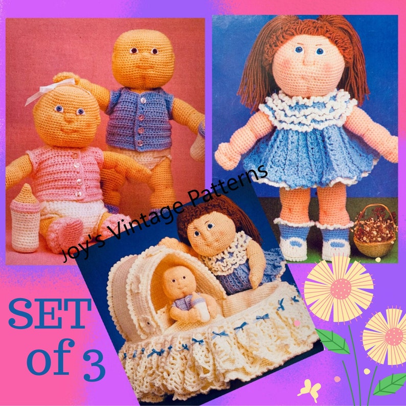 3 Vintage Crochet Patterns Soft Sculpture Doll Infant Newborn Premie Doll Pattern Doll Bassinet Pattern Amigurumi Baby Doll PDF