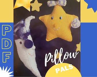 2 pour 1 EASY vintage Crochet Patterns / Celestial Pillow Pals, Crescent Moon & Star 17" et 10" / Amigurumi Outer Space Digital Download PDF