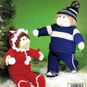 May include: Crocheted doll clothes pattern for a red sweater, pants, bonnet and boots, and a blue sweater, pants, cap and tennis shoes. The pattern is titled "Crocheted Doll Clothes".