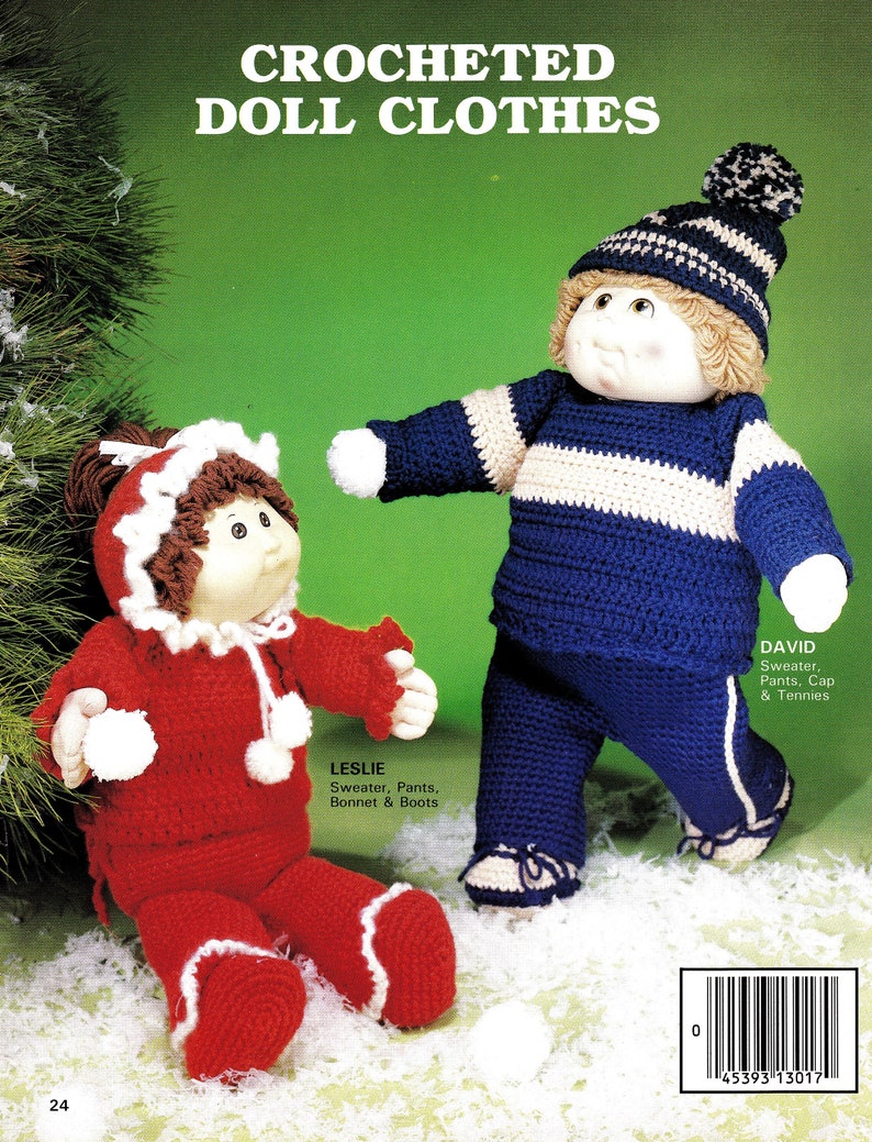 May include: Crocheted doll clothes pattern for a red sweater, pants, bonnet and boots, and a blue sweater, pants, cap and tennis shoes. The pattern is titled "Crocheted Doll Clothes".