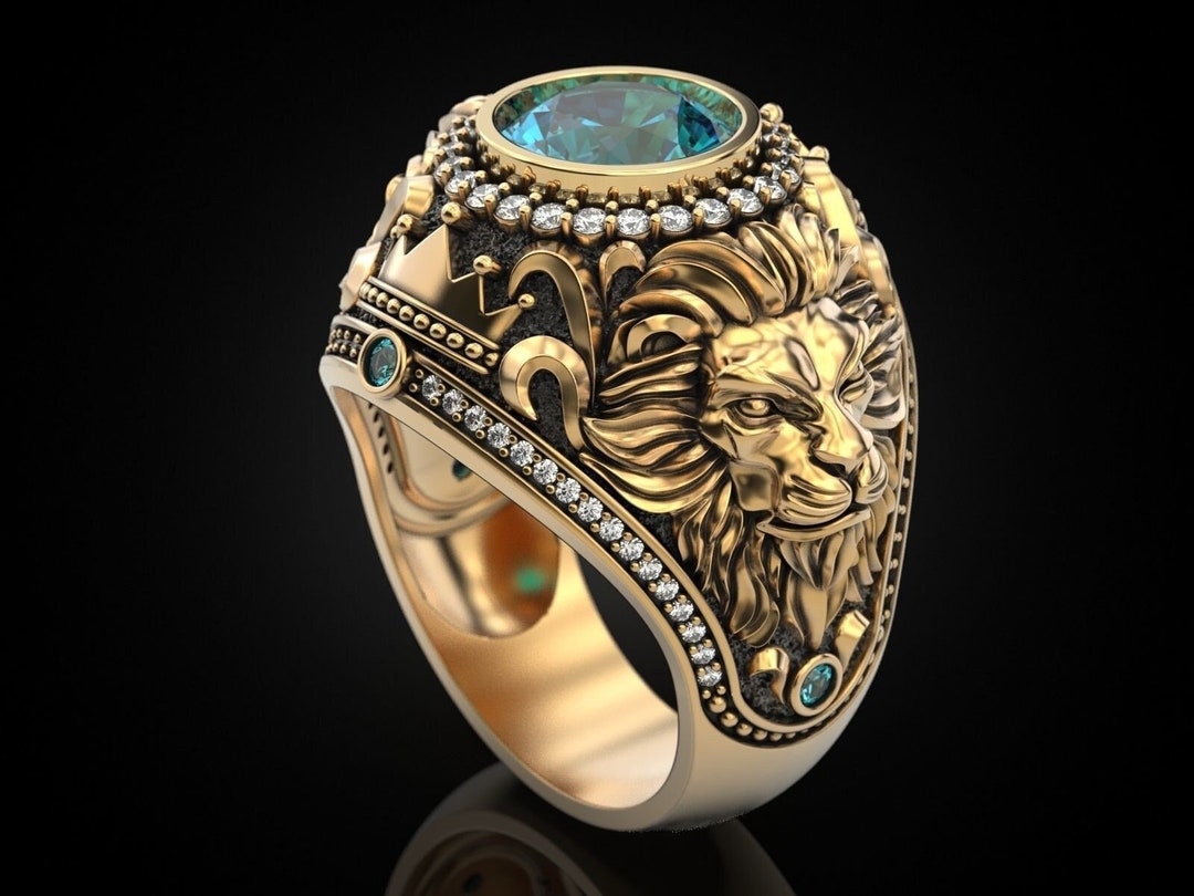 14k Gold Over Lion Ring Men's Lion Ring Diamond Lion Etsy