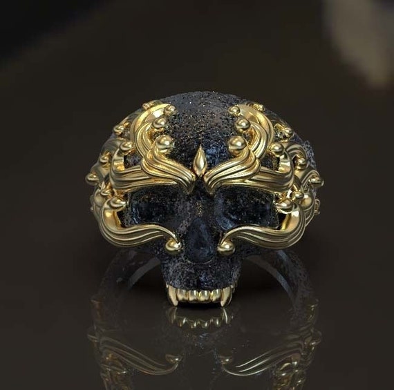 14K Gold Over Skull Ring Man Skull Ring Oxidize Skull Ring Etsy