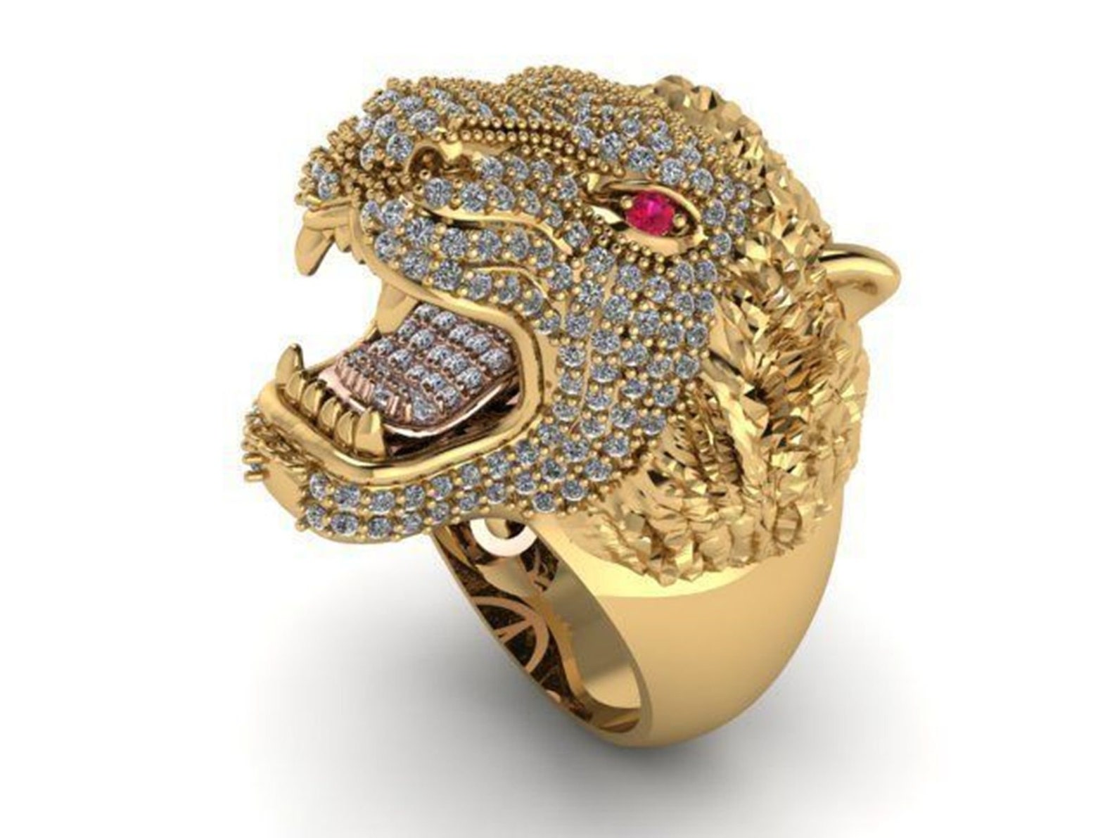 14k Gold Over Diamond Tiger Ring Tiger Animal Ring Men Tiger Etsy