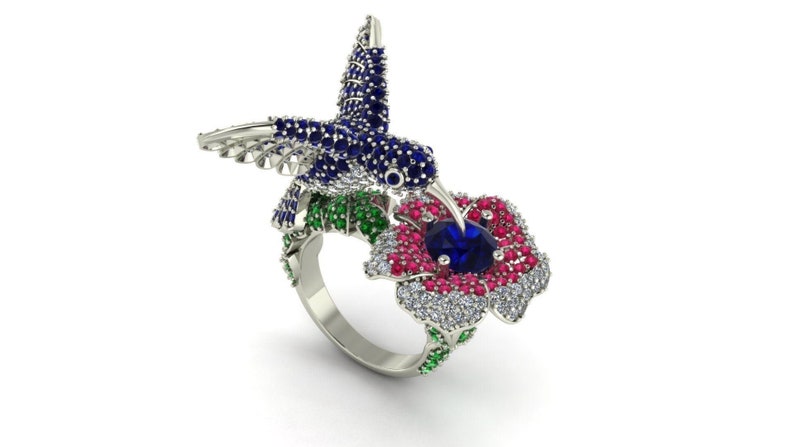 925 Sterling Silver ring with a Diamond Cut ring Hummingbird engagement ring Four Stones Ring Hummingbird Ring anniversary gift for her