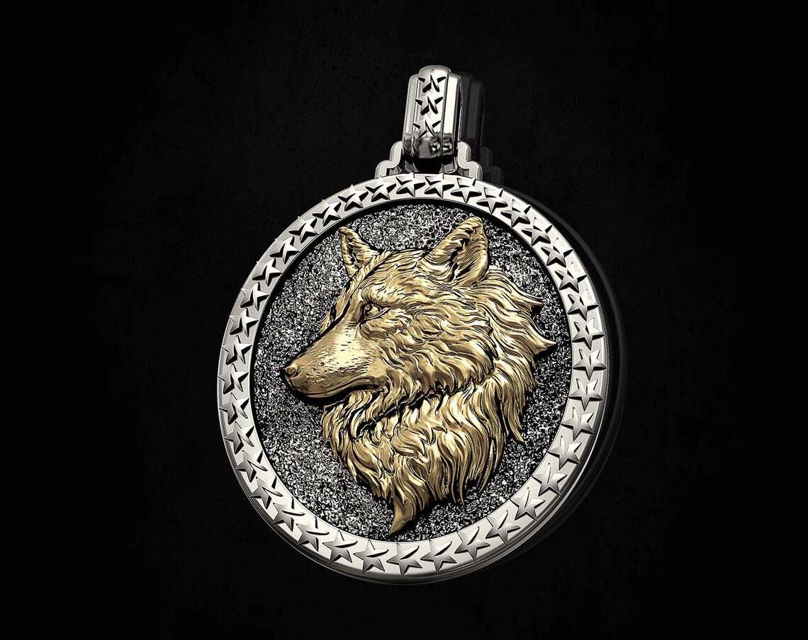 14k Gold Over Diamond Wolf Pendant Man Diamond Pendant Wolf Etsy