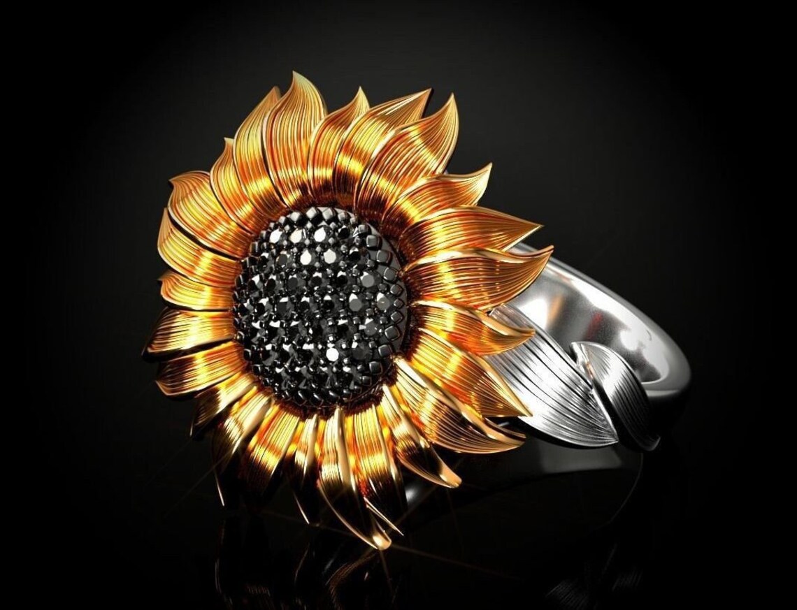 14k Gold Over Diamond Sunflower Ring Man Sunflower Ring Etsy