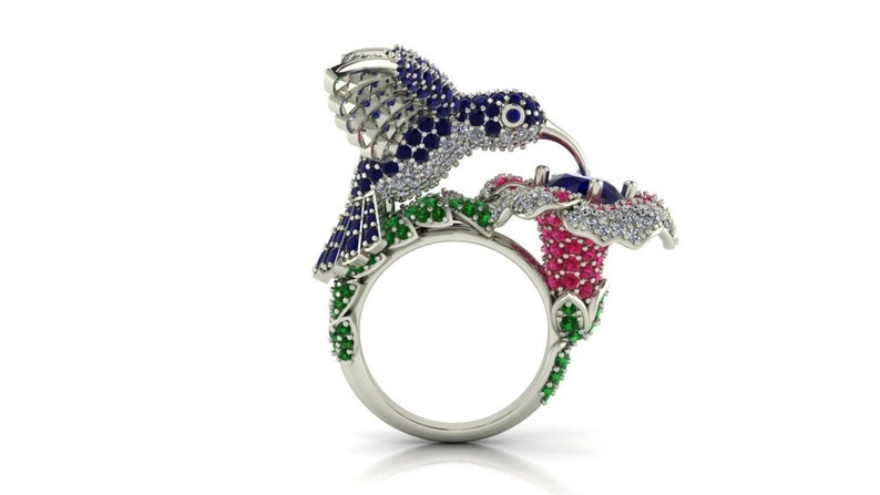 925 Sterling Silver ring with a Diamond Cut ring Hummingbird engagement ring Four Stones Ring Hummingbird Ring anniversary gift for her