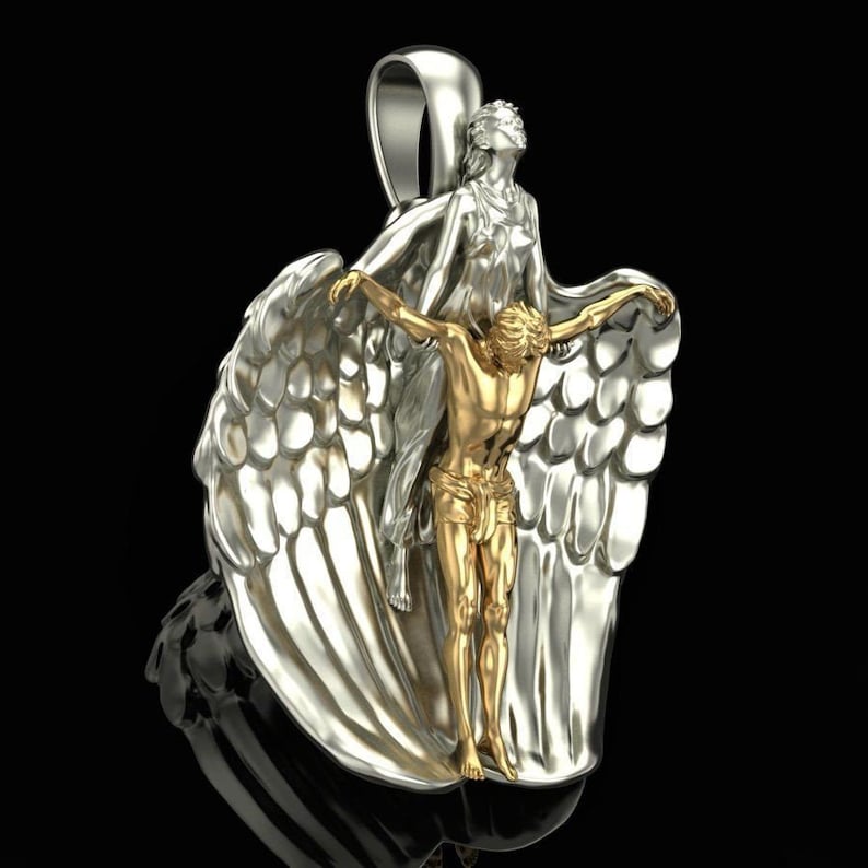 14k gold over Angel Wing Pendant man rescue pendant Two Tone Pendant wax angel pendant woman pendant 3D angel Pendant