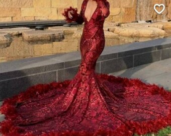 African maxi red mermaid dress, deep Vee neck prom dresses, sexy party wears,African Fashion,Ankara Clothing for women,Hand made dress