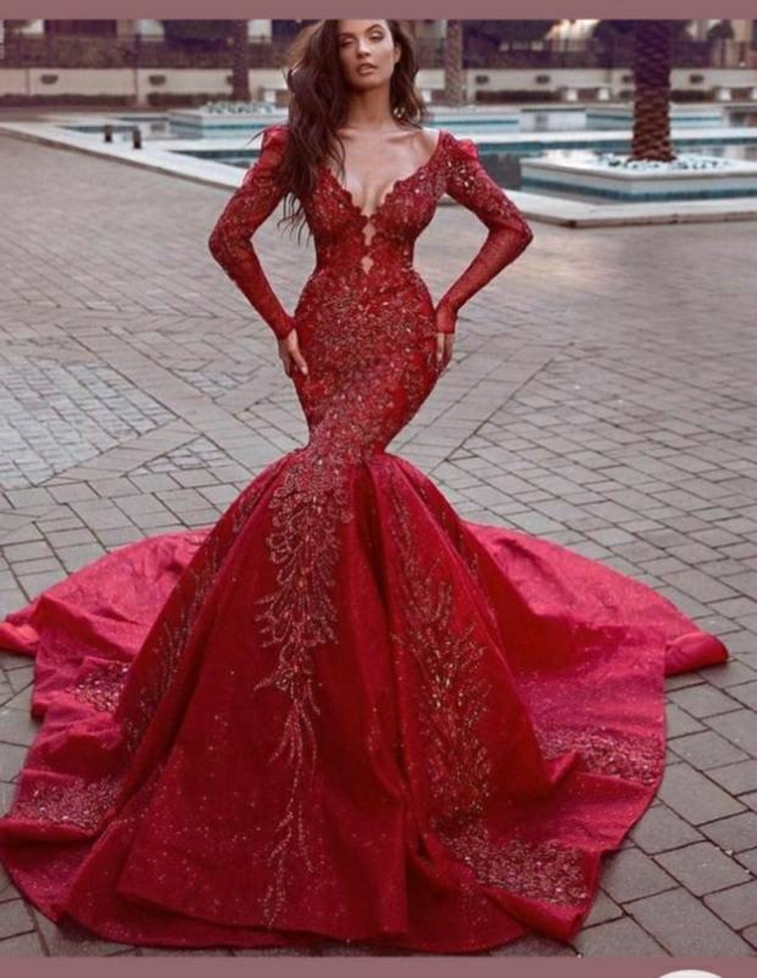 Glamorous Jewel Mermaid Red Pom Dress Long Sleeve With Beadings - June  Bridals