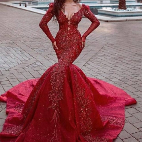 Red Long sleeve evening  mermaid dresses, deep Vneck, prom dress,wedding/engagement dresse,African party  dress,African Clothing  for women