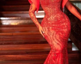 Robe africaine en dentelle rouge avec queue de sirène, robe de soirée africaine, mode africaine, vêtements africains pour femmes, prêt-à-porter (disponible i