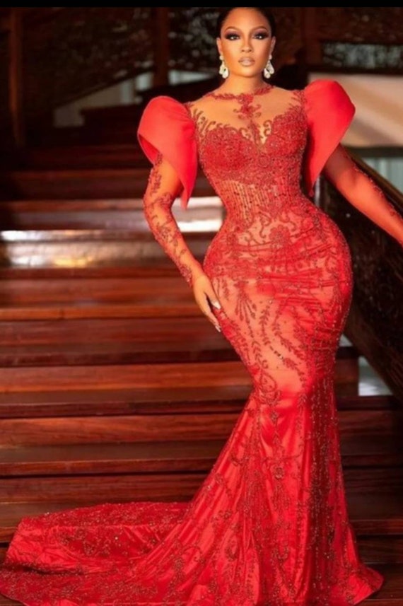 encaje rojo africano con cola de sirena vestido - Etsy México
