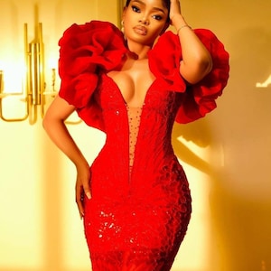 Rode sexy jurk, feestkleding, galajurken, trouwoutfits, Afrikaanse dameskleding, Ankara-mode.