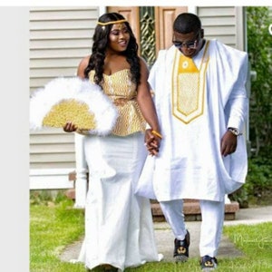 Embroidered white African Couple wear, wedding/Enagement Outfits for couples,  Ankara fashion,African Shop