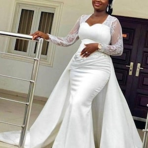 African lace satin wedding mermaid dress with removable skirt,cape, African fashion,Ready to wear clothes