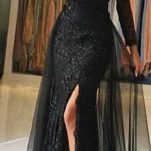 African lace, mermaid black long sleeve  Gown, African prom dress.Ready to wear clothes plus expedited