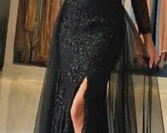 Afrikanische Spitze Meerjungfrau Kleid: Schwarzes Langarm Abendkleid