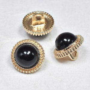11mm/18L Elegant Black Metal Buttons, Fancy Blouse Buttons, Glossy Gold Rim Shank Shirt Buttons, Vintage Look Buttons, Black Dome Buttons