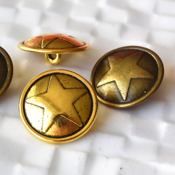 15mm/24L Aged Gold/Bronze Star Buttons, Small Metal Shank Buttons, Military Style Blazer Buttons, Vintage Look Etched Buttons, Raised Edge