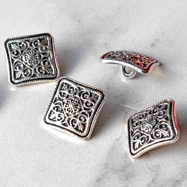 6 , 13mm/20L Silver Celtic Square Buttons, Small Metal Engraved Shank Buttons, Victorian Look Buttons for knitting sewing dress blazer suit