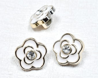 Boutons fleur 12 mm/20 L, effet émaillé blanc, bouton strass, boutons pétales bord argenté, boutons tige de chemise fantaisie, petit bouton marguerite