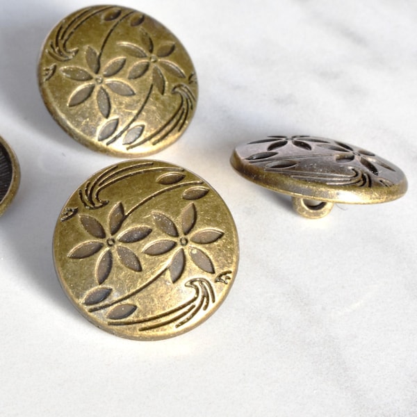 10, 17mm/28L Bronze Metal Engraved Buttons, Aged Bronze Coat Buttons, Blazer Shank Buttons, Etched Flower Buttons, Jean Pant Shirt Buttons