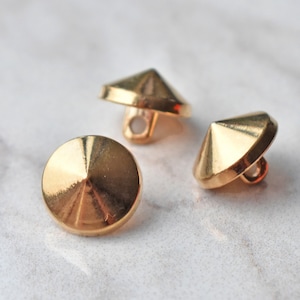 12mm/20L Gold Metal Pointy Buttons, High Quality Spike Alloy Shank Buttons, Pyramid Cone Shirt Buttons for Blouse, Blazer, Coat, Cardigan