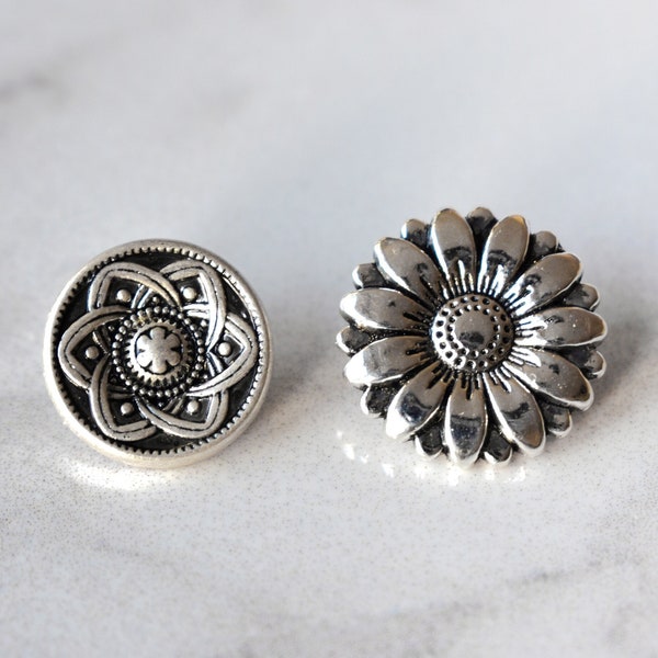 5, 15-17mm Silver Flower Metal Buttons, Celtic Pewter Shank Buttons, Engraved Sunflower Buttons, Tierracast Buttons, Tibetan Mandala Buttons