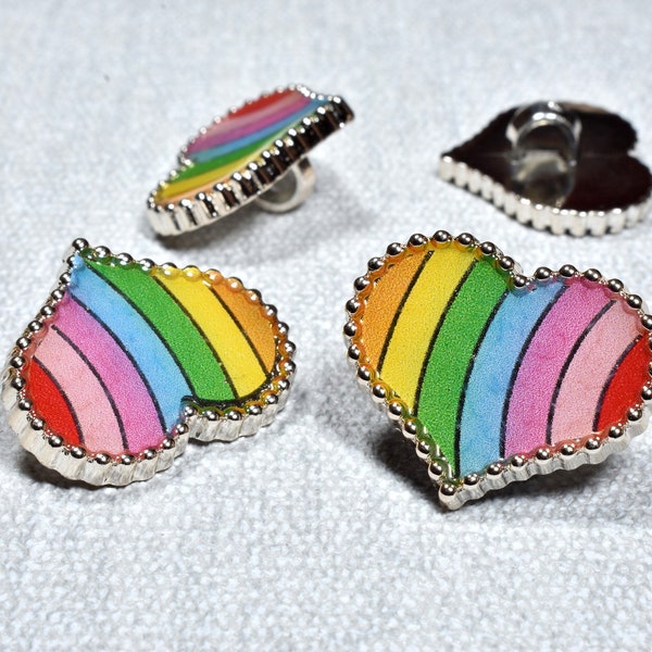 5, 25x20mm Rainbow Heart Shaped Silver Buttons, Colourful LGBTQ Gay Pride Love Pin Plastic Shank Buttons, Cute Childrens Buttons