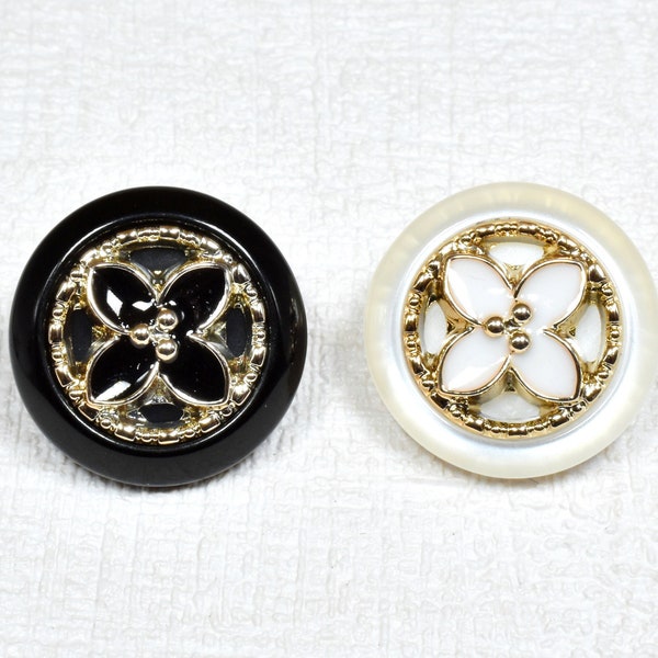 17mm,21mm,25mm Ornate Black Enamel Buttons, White Floral Shank Buttons, 4 Petals Buttons, Fancy Shirt Buttons, Gold Rim Buttons, Coat Button