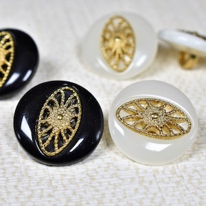 18mm High Fashion Black and Cream Vintage Look Gold Buttons, 28L Plastic Resin Decorative Shank Buttons,  Fancy Cream Period Costume Buttons