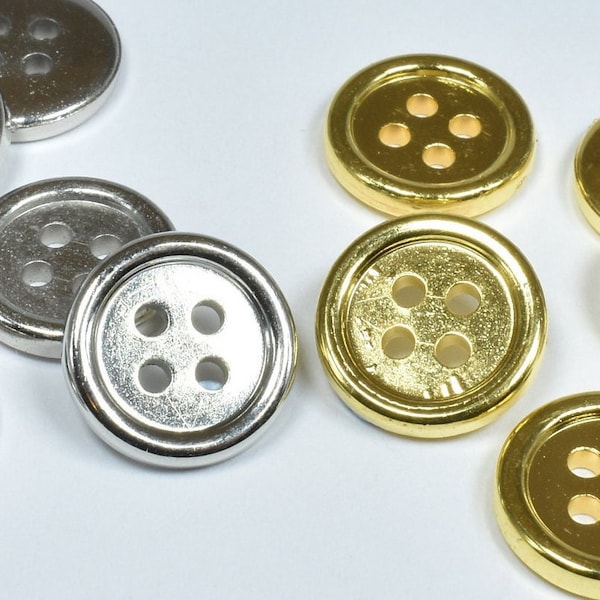 10 , 12mm/20L 4 Hole Metallic Gold and Silver Buttons, Bright Gold Shirt Buttons, Silver Men Shirt Buttons, Small Plastic Metal Look Buttons