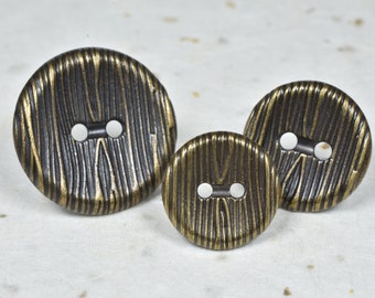 Botões de metal gravados de 15 mm, 18 mm e 23 mm, botões em formato de prato com 2 furos em bronze antigo, botões com padrão de listras texturizadas para camisa, casaco e blazer*