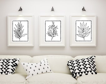 Botanischer Blumen Art Print Set von drei, schwarz und weiß Wanddekor, druckbare Kunst, Minimal Art Print, Digital Art Print, Home Decor